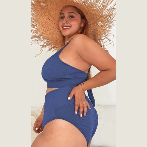 Plus Bikini Set Womens Size 16, 18, 20, 22 Blue Tie Back High Leg Swimsuits - Picture 7 of 8